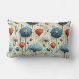 Blue Orange Wildflower Floral Lumbar Cushion