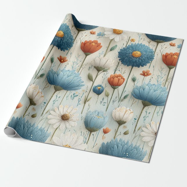Blue Orange Wildflower Floral  Wrapping Paper (Unrolled)