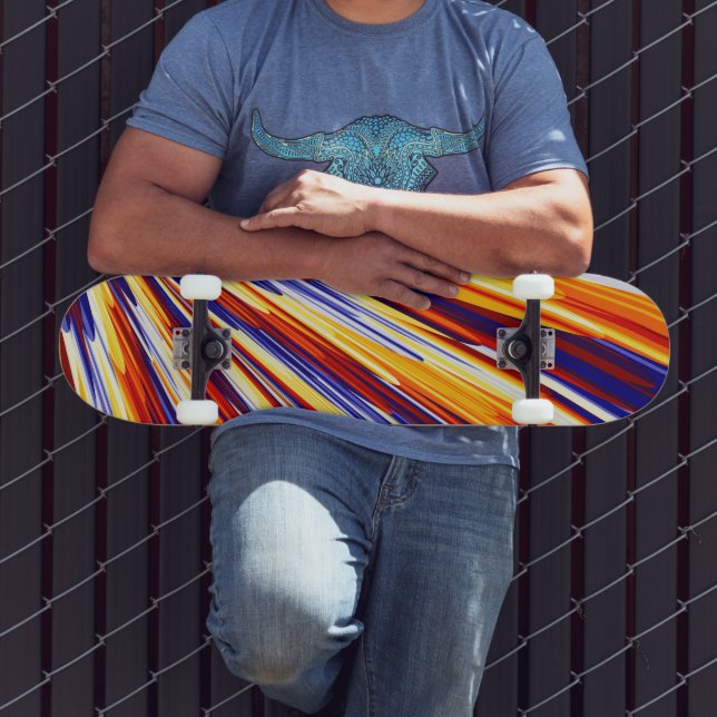 Blue Orange Yellow Abstract Geometric Feathers Skateboard (Outdoor 3)