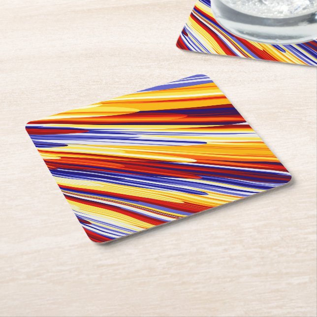 Blue Orange Yellow Abstract Geometric Feathers Square Paper Coaster (Angled)