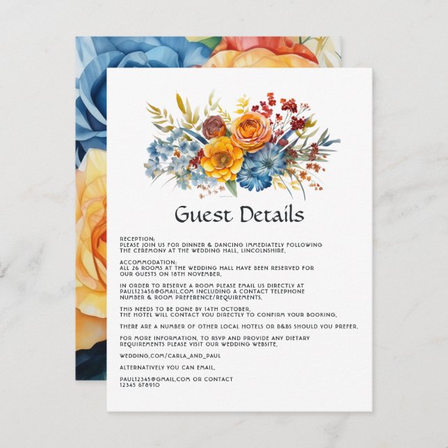 Blue, Orange, Yellow and Red Floral Guest Details Enclosure Card (Front/Back)