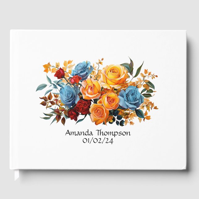 Blue, Orange, Yellow, and Red Floral Wedding Guest Book (Front)