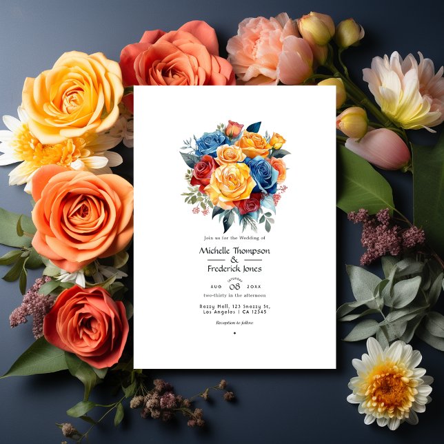Blue, Orange, Yellow, and Red Floral Wedding Invitation (Creator Uploaded)