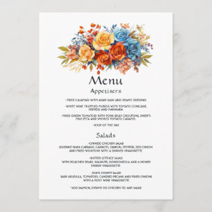 Blue, Orange, Yellow, and Red Floral Wedding Menu