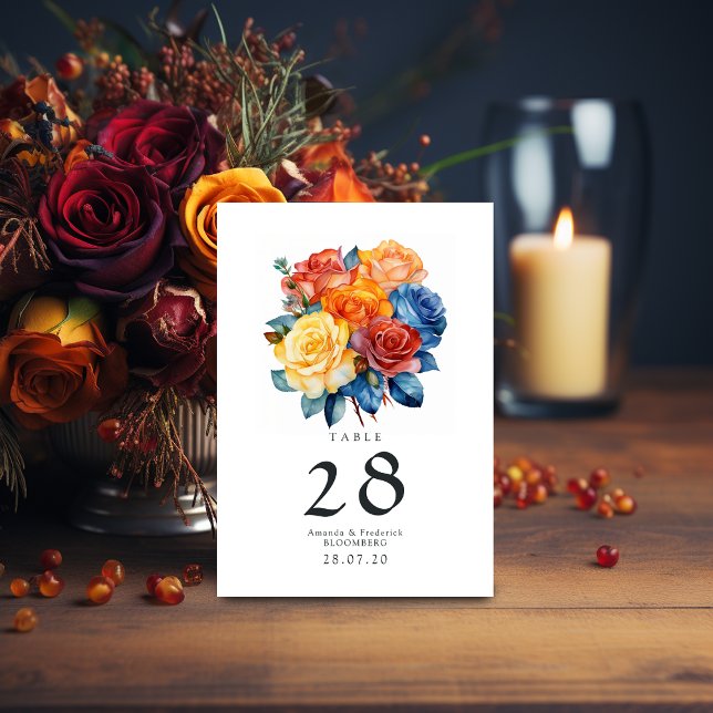 Blue, Orange, Yellow, and Red Floral Wedding Table Number (Creator Uploaded)