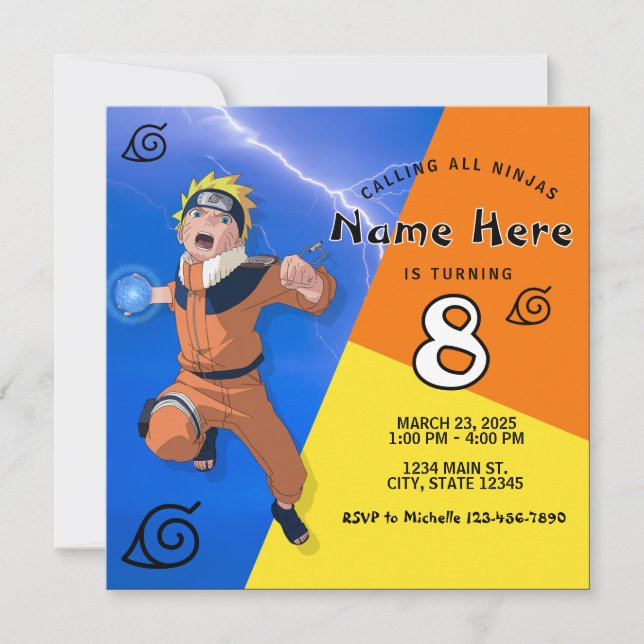 Blue Orange Yellow Anime Ninja Birthday Invitation (Front)