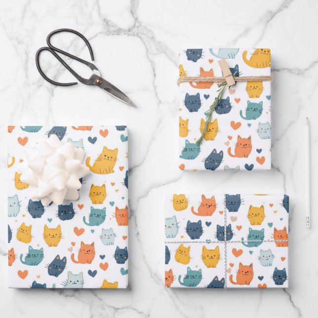 Blue Orange Yellow Cute Cats Baby Shower Birthday Wrapping Paper Sheet (Front)