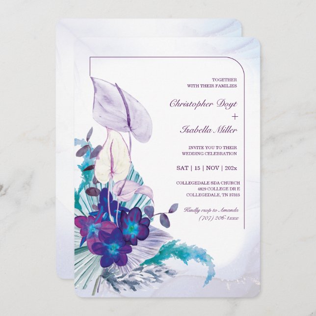Blue Orchid and Calla Lily Wedding  Invitation (Front/Back)