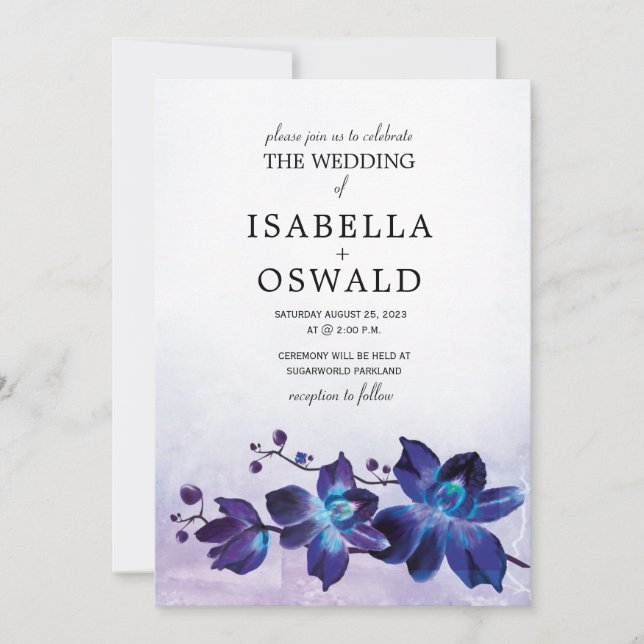 Blue Orchid and Purple Wedding Invitation (Front)
