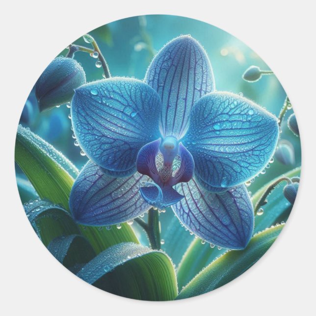 Blue Orchid Floral  Classic Round Sticker (Front)