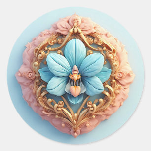 Blue Orchid Golden Frame 🌿✨ Elegant Floral Luxury Classic Round Sticker