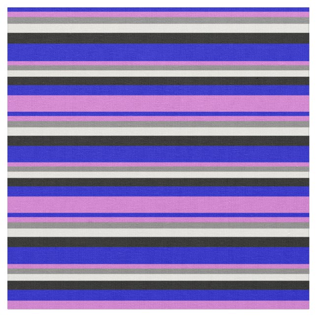 Blue, Orchid, Grey, White & Black Striped Pattern Fabric (Close Up)