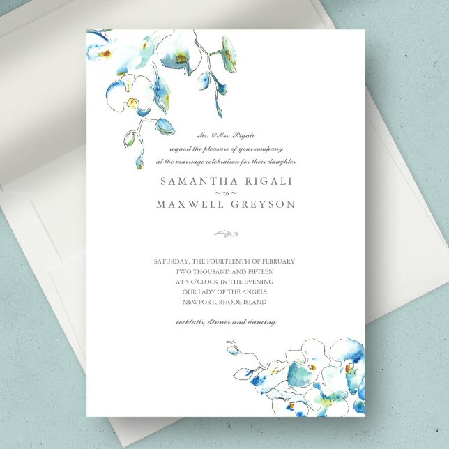 Blue Orchid Watercolor Flowers Wedding Invitation (hand drawn wedding invitations features watercolor blue flowers with line art. )