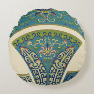 Blue Oriental Designs with Smiling Faces Round Cushion