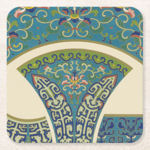Blue Oriental Designs with Smiling Faces Square Paper Coaster