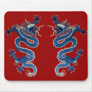 Blue oriental dragons antique Chinese embroidery Mouse Pad