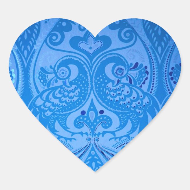 Blue Oriental Peacock Birds Heart Sticker (Front)