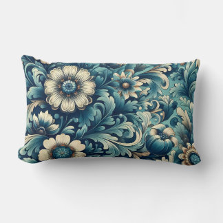Blue Ornamental Floral Lumbar Throw Pillow