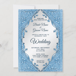 Blue Ornamental Frame Wedding Invitation