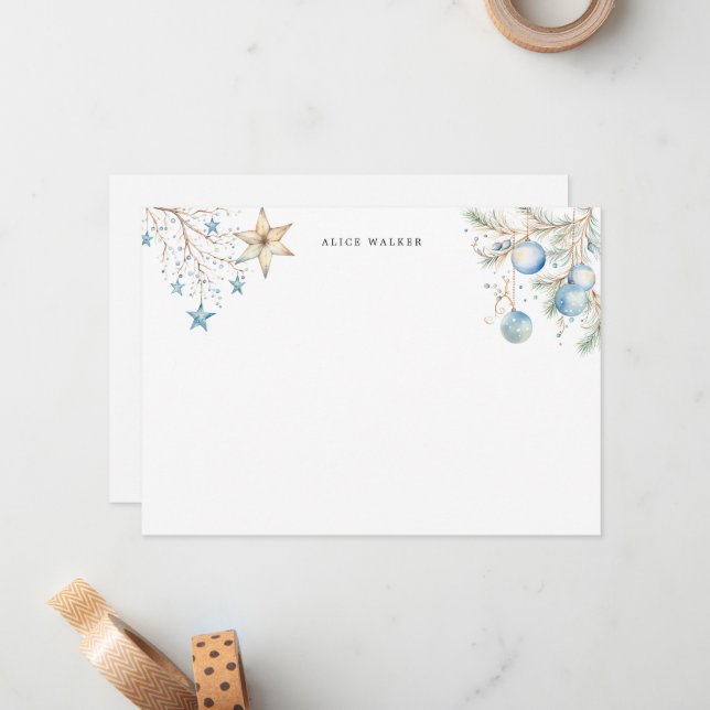 Blue Ornaments Holiday Monogram Note Card (Front/Back In Situ)