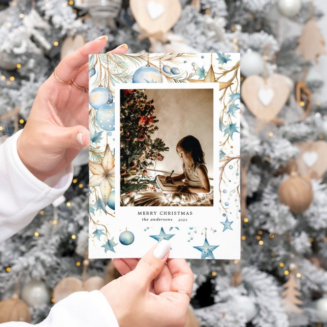 Blue Ornaments Stars Photo Holiday Card (Creator Uploaded)