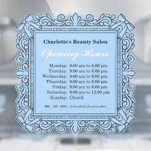 Blue Ornate Bow Frame Opening Hours Window Cling