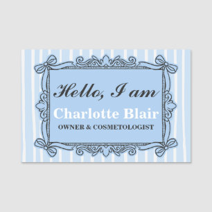 Blue Ornate Bow Vintage Style Frame Hello Name Tag