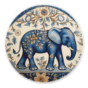 Blue Ornate Elephant Vintage Floral Ceramic Knob