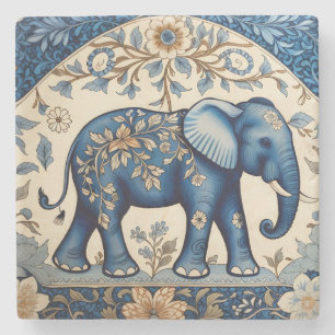 Blue Ornate Elephant Vintage Floral Stone Coaster