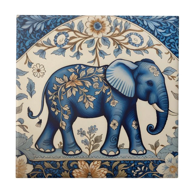 Blue Ornate Elephant Vintage Floral Tile (Front)