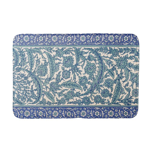 Blue Ornate Floral Arabic Pattern Bath Mat (Front)