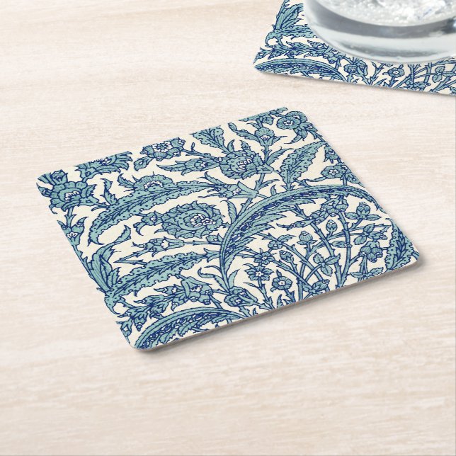 Blue Ornate Floral Arabic Pattern Square Paper Coaster (Angled)