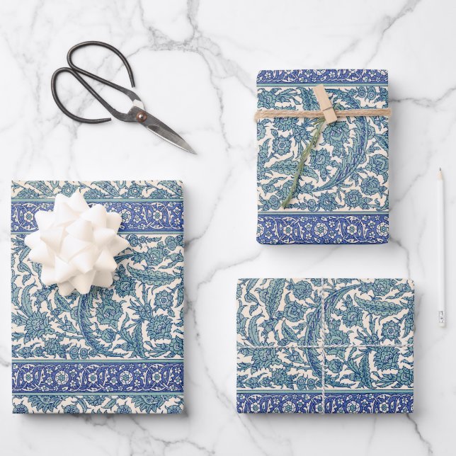 Blue Ornate Floral Arabic Pattern Wrapping Paper Sheet (Front)
