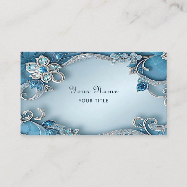 Blue Ornate Floral Business Card (Front)