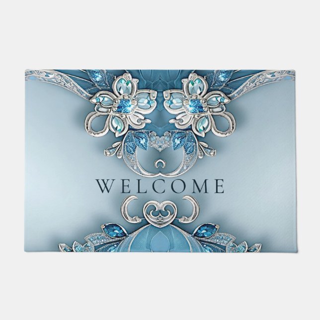 Blue Ornate Floral Doormat (Front)