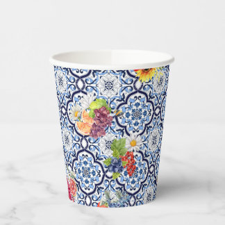 Blue Ornate Floral Fruity Berries Sicilian Tiles Paper Cups