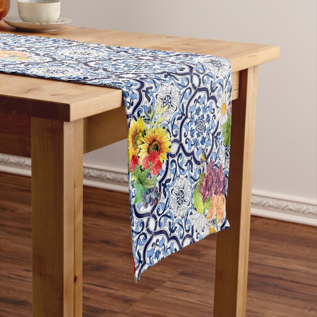 Blue Ornate Floral Fruity Berries Sicilian Tiles Short Table Runner (In Situ)