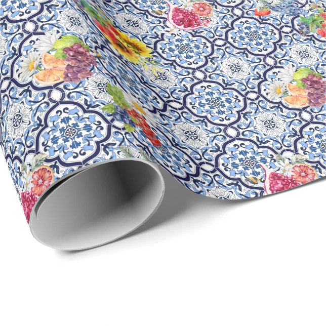Blue Ornate Floral Fruity Berries Sicilian Tiles Wrapping Paper (Roll Corner)