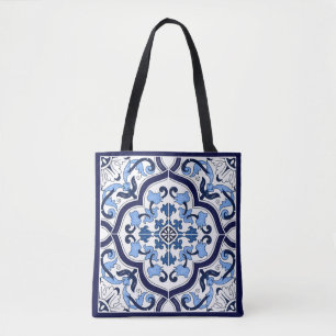 Blue Ornate Floral Mediterranean Sicilian Tile Tote Bag
