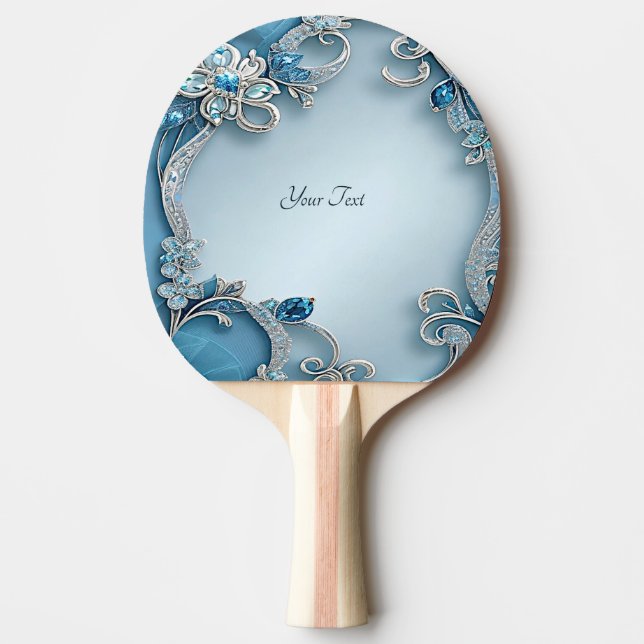 Blue Ornate Floral Ping Pong Paddle (Front)