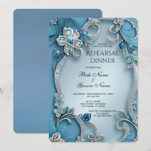 Blue Ornate Floral Rehearsal Dinner Invitation