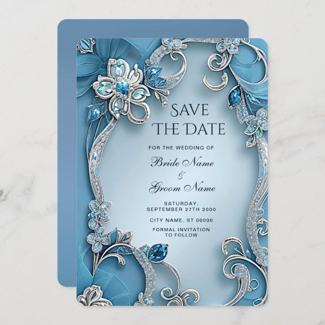 Blue Ornate Floral Save The Date (Front/Back)