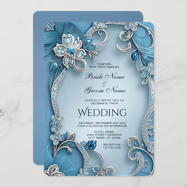 Blue Ornate Floral Wedding Invitation (Front/Back)