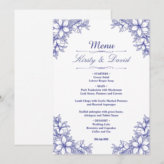 Blue Ornate Floral Wedding  Menu (Front/Back)