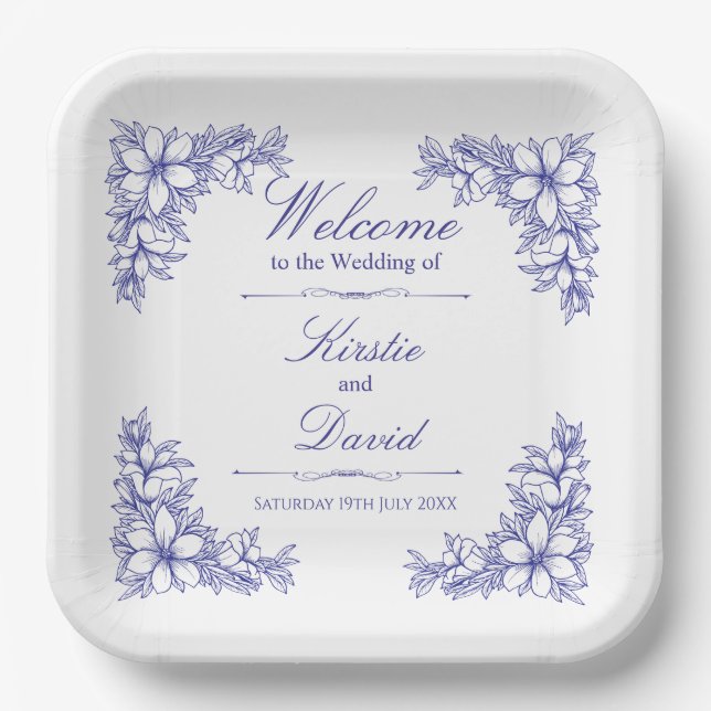 Blue Ornate Floral Wedding Paper Plates (Front)