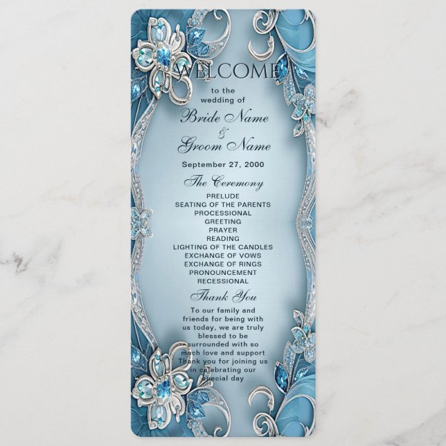 Blue Ornate Floral Wedding Program Programme (Front)