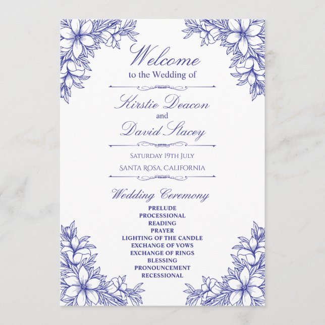 Blue Ornate Floral Wedding Programme (Front)