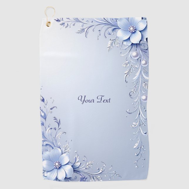 Blue Ornate Flowers Golf Towel (Front)