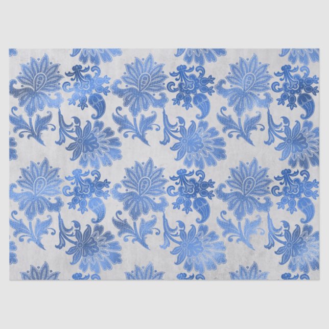 Blue Ornate Flowers on White Decoupage Tissue Paper (Front)