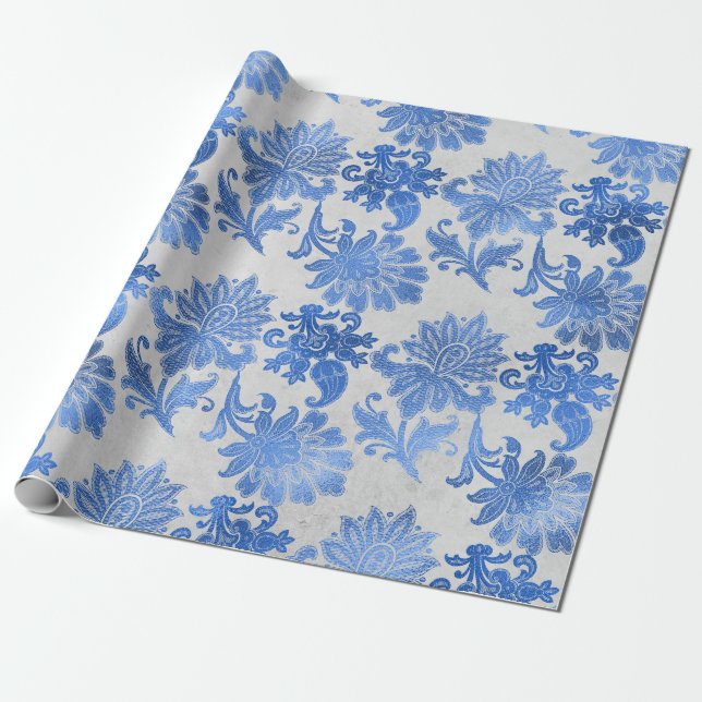 Blue Ornate Flowers on White Wrapping Paper (Unrolled)